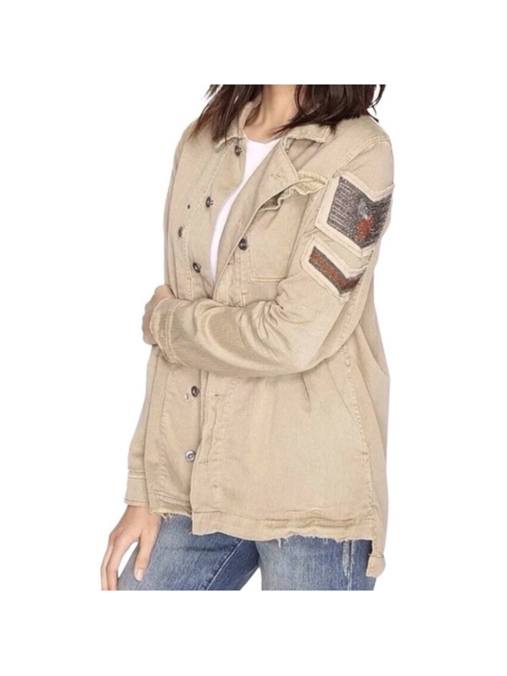 Free People Tan Corduroy Jean Jacket with Embroidered Sleeve Patch - Picture 5 of 5